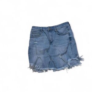 Light Blue Distressed Denim Mini Skirt with Frayed Hem
